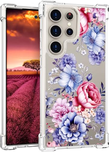 für S24 Ultra Hülle, Transparent Blume Muster Schutzhülle für Frauen Mädchen Kratzfeste Rückseite HandyHülle Case für Samsung Galaxy S24 Ultra (Blaue rote Blume) von Topgraph