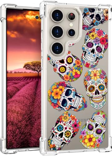 für S24 Ultra Hülle, Transparent Blume Muster Schutzhülle für Frauen Mädchen Kratzfeste Rückseite HandyHülle Case für Samsung Galaxy S24 Ultra (Blumenschädel) von Topgraph