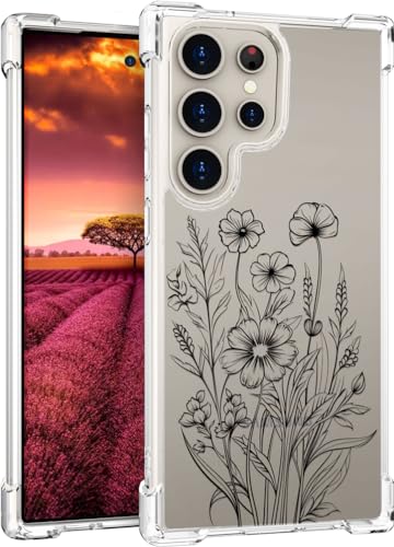 für S24 Ultra Hülle, Transparent Blume Muster Schutzhülle für Frauen Mädchen Kratzfeste Rückseite HandyHülle Case für Samsung Galaxy S24 Ultra (Botanische Schwarze Blumen) von Topgraph