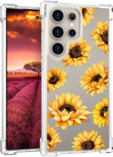 für S24 Ultra Hülle, Transparent Blume Muster Schutzhülle für Frauen Mädchen Kratzfeste Rückseite HandyHülle Case für Samsung Galaxy S24 Ultra (Gelbe Sonnenblume) von Topgraph