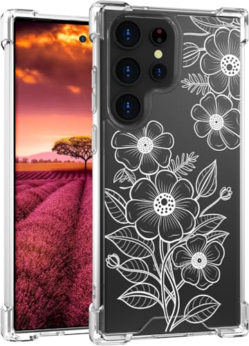 für S24 Ultra Hülle, Transparent Blume Muster Schutzhülle für Frauen Mädchen Kratzfeste Rückseite HandyHülle Case für Samsung Galaxy S24 Ultra (Weiße Blumen-Strichzeichnung) von Topgraph