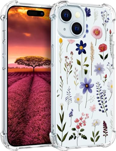 für iPhone 15 Hülle, Transparent Blume Muster Schutzhülle für Frauen Mädchen Kratzfeste Rückseite HandyHülle Case für iPhone 15 (Blau blühende Wildblätterkräuter) von Topgraph