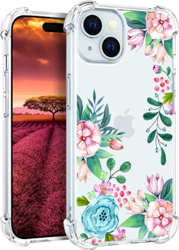 für iPhone 15 Hülle, Transparent Blume Muster Schutzhülle für Frauen Mädchen Kratzfeste Rückseite HandyHülle Case für iPhone 15 (Blaue Jasminblüten) von Topgraph