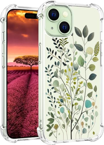 für iPhone 15 Hülle, Transparent Blume Muster Schutzhülle für Frauen Mädchen Kratzfeste Rückseite HandyHülle Case für iPhone 15 (Grüne Eukalyptusblätter) von Topgraph