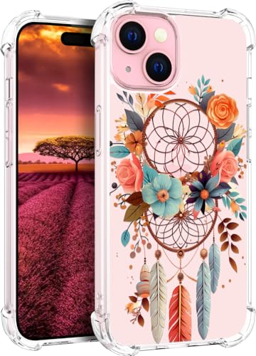 für iPhone 15 Hülle, Transparent Blume Muster Schutzhülle für Frauen Mädchen Kratzfeste Rückseite HandyHülle Case für iPhone 15 (Rosa Traumfänger Blumen Federn) von Topgraph