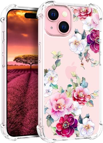 für iPhone 15 Hülle, Transparent Blume Muster Schutzhülle für Frauen Mädchen Kratzfeste Rückseite HandyHülle Case für iPhone 15 (Rotrosa Kamelie) von Topgraph