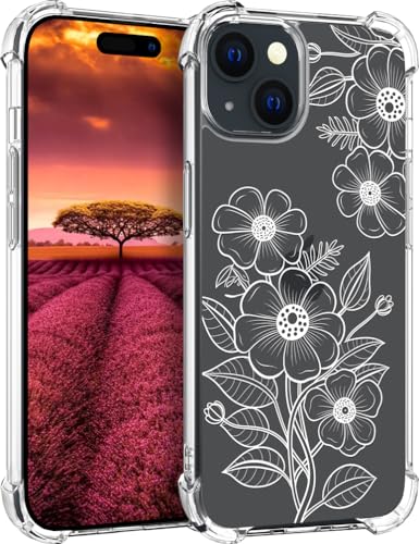 für iPhone 15 Hülle, Transparent Blume Muster Schutzhülle für Frauen Mädchen Kratzfeste Rückseite HandyHülle Case für iPhone 15 (Weiße Blumen-Strichzeichnung) von Topgraph