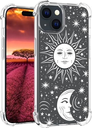 für iPhone 15 Hülle, Transparent Blume Muster Schutzhülle für Frauen Mädchen Kratzfeste Rückseite HandyHülle Case für iPhone 15 (Weißer Mond, Sonnensterne) von Topgraph