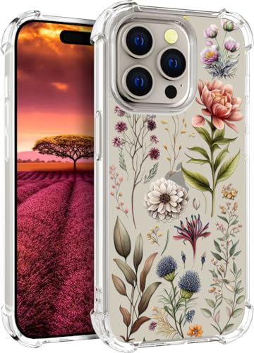 für iPhone 15 PRO Hülle, Transparent Blume Muster Schutzhülle für Frauen Mädchen Kratzfeste Rückseite HandyHülle Case für iPhone 15 PRO (Botanische Blumen Blätter Kräuter) von Topgraph