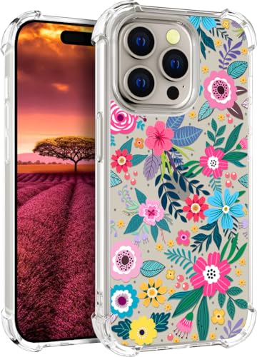 für iPhone 15 PRO Hülle, Transparent Blume Muster Schutzhülle für Frauen Mädchen Kratzfeste Rückseite HandyHülle Case für iPhone 15 PRO (Buntes kleines Blumenmuster) von Topgraph