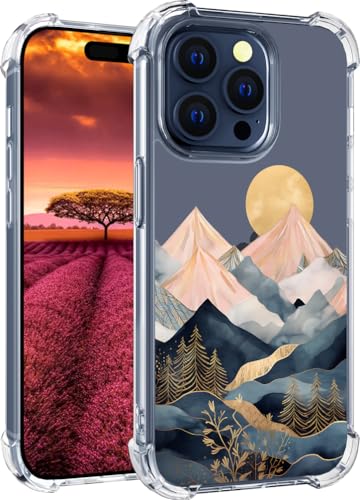 für iPhone 15 PRO Hülle, Transparent Blume Muster Schutzhülle für Frauen Mädchen Kratzfeste Rückseite HandyHülle Case für iPhone 15 PRO (Gebirgssonnenbäume-Landschaft) von Topgraph