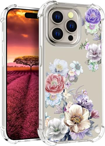 für iPhone 15 PRO Hülle, Transparent Blume Muster Schutzhülle für Frauen Mädchen Kratzfeste Rückseite HandyHülle Case für iPhone 15 PRO (Große luxuriöse Rosenblüten) von Topgraph
