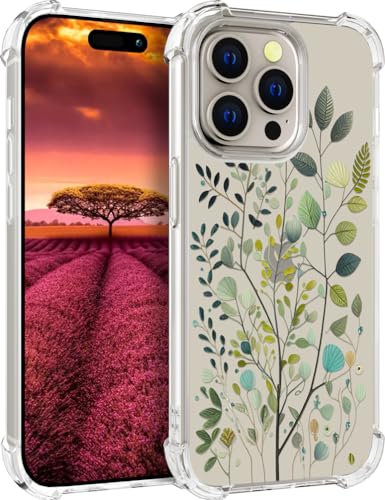 für iPhone 15 PRO Hülle, Transparent Blume Muster Schutzhülle für Frauen Mädchen Kratzfeste Rückseite HandyHülle Case für iPhone 15 PRO (Grüne Eukalyptusblätter) von Topgraph