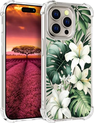 für iPhone 15 PRO Hülle, Transparent Blume Muster Schutzhülle für Frauen Mädchen Kratzfeste Rückseite HandyHülle Case für iPhone 15 PRO (Grüner tropischer weißer Hibiskus) von Topgraph