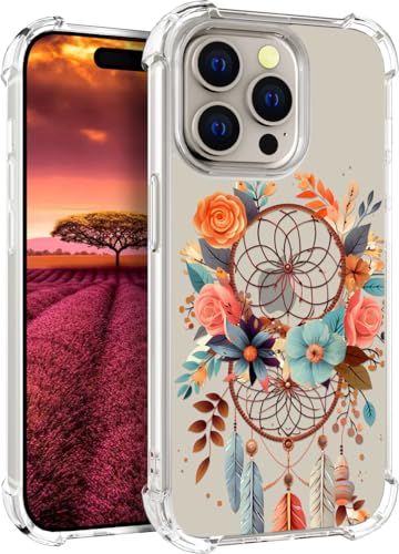 für iPhone 15 PRO Hülle, Transparent Blume Muster Schutzhülle für Frauen Mädchen Kratzfeste Rückseite HandyHülle Case für iPhone 15 PRO (Rosa Traumfänger Blumen Federn) von Topgraph