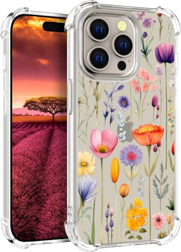 für iPhone 15 PRO Hülle, Transparent Blume Muster Schutzhülle für Frauen Mädchen Kratzfeste Rückseite HandyHülle Case für iPhone 15 PRO (Rosa-lila Kräuterblumen) von Topgraph