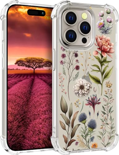 für iPhone 15 PRO MAX Hülle, Transparent Blume Muster Schutzhülle für Frauen Mädchen Kratzfeste Rückseite HandyHülle Case für iPhone 15 PRO MAX (Botanische Blumen Blätter Kräuter) von Topgraph