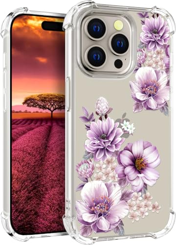 für iPhone 15 PRO MAX Hülle, Transparent Blume Muster Schutzhülle für Frauen Mädchen Kratzfeste Rückseite HandyHülle Case für iPhone 15 PRO MAX (Lila große Pfingstrosenblüten) von Topgraph