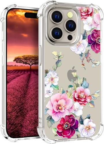 für iPhone 15 PRO MAX Hülle, Transparent Blume Muster Schutzhülle für Frauen Mädchen Kratzfeste Rückseite HandyHülle Case für iPhone 15 PRO MAX (Rotrosa Kamelie) von Topgraph