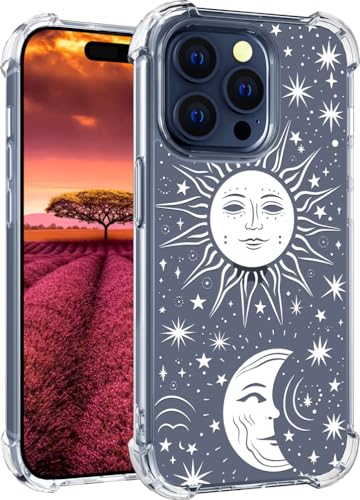 für iPhone 15 PRO MAX Hülle, Transparent Blume Muster Schutzhülle für Frauen Mädchen Kratzfeste Rückseite HandyHülle Case für iPhone 15 PRO MAX (Weißer Mond, Sonnensterne) von Topgraph