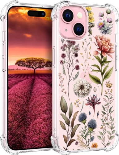 für iPhone 15 Plus Hülle, Transparent Blume Muster Schutzhülle für Frauen Mädchen Kratzfeste Rückseite HandyHülle Case für iPhone 15 Plus (Botanische Blumen Blätter Kräuter) von Topgraph