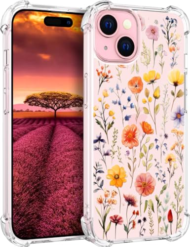 für iPhone 15 Plus Hülle, Transparent Blume Muster Schutzhülle für Frauen Mädchen Kratzfeste Rückseite HandyHülle Case für iPhone 15 Plus (Gelbe Wildblumen und Pflanzen) von Topgraph