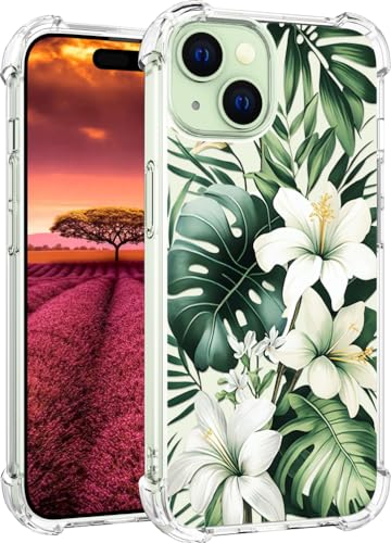 für iPhone 15 Plus Hülle, Transparent Blume Muster Schutzhülle für Frauen Mädchen Kratzfeste Rückseite HandyHülle Case für iPhone 15 Plus (Grüner tropischer weißer Hibiskus) von Topgraph