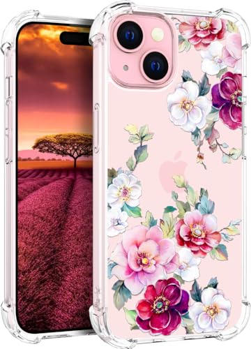 für iPhone 15 Plus Hülle, Transparent Blume Muster Schutzhülle für Frauen Mädchen Kratzfeste Rückseite HandyHülle Case für iPhone 15 Plus (Rotrosa Kamelie) von Topgraph