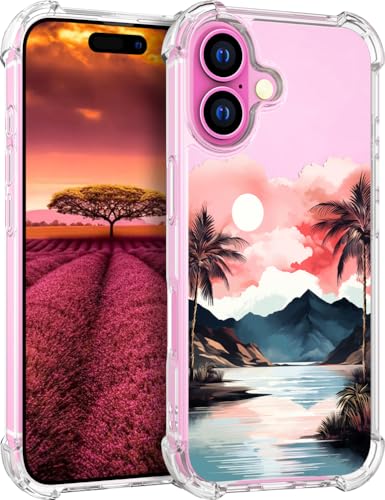 für iPhone 16 Hülle, Transparent Blume Muster Schutzhülle für Frauen Mädchen Kratzfeste Rückseite HandyHülle Case für iPhone 16 (Meer Sonnenuntergang Palme Szene Strand Himmel) von Topgraph