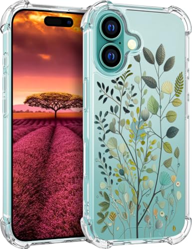 für iPhone 16 Plus Hülle, Transparent Blume Muster Schutzhülle für Frauen Mädchen Kratzfeste Rückseite HandyHülle Case für iPhone 16 Plus (Grüne Eukalyptusblätter, Zweige, Baumpflanzen) von Topgraph