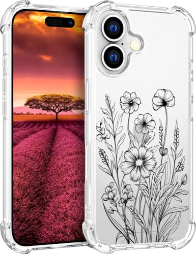 für iPhone 16 Plus Hülle, Transparent Blume Muster Schutzhülle für Frauen Mädchen Kratzfeste Rückseite HandyHülle Case für iPhone 16 Plus (Schwarze Blumen Strichzeichnung) von Topgraph
