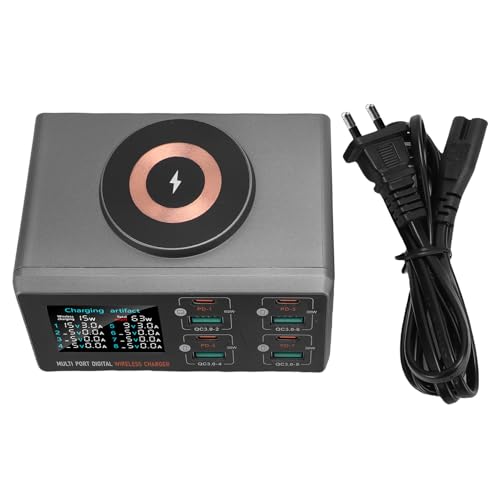 Kabellose Ladestation mit 15 W Magnetischem Kabellosem Laden, 9 Ports Mehrfach USB Ladestation, Telefon-Ladestation für Mehrere Geräte, Desktop-Ladegerät mit LCD Farbbildschirm (EU) von Topiky