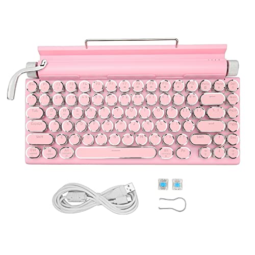 Retro Schreibmaschinentastatur, Mechanische Tastatur mit Tablet Ständer, Punk, Rund, 83 Tasten, 3 Modi, Computer Schreibmaschinentastatur für Win 2000, OS X (Rosa) von Topiky