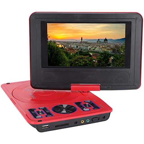 T opiky Tragbarer DVD-Player, 6,8 Zoll HD / 270 ° Rotation Kinder Mobiler DVD-TV-Player/UKW-Radioempfänger/Kartenleser/Gameplay, Eingebauter 1500-mAh-Akku, für Heimauto Im Freien(EU-rot) von Topiky