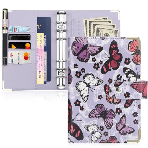 Toplive A6 Binder Notebook 6 Rings PU Leather Refillable Binder Cover for Loose Leaf Paper Planner Budget Binder with Snap Buckle, Purple Butterfly von Toplive