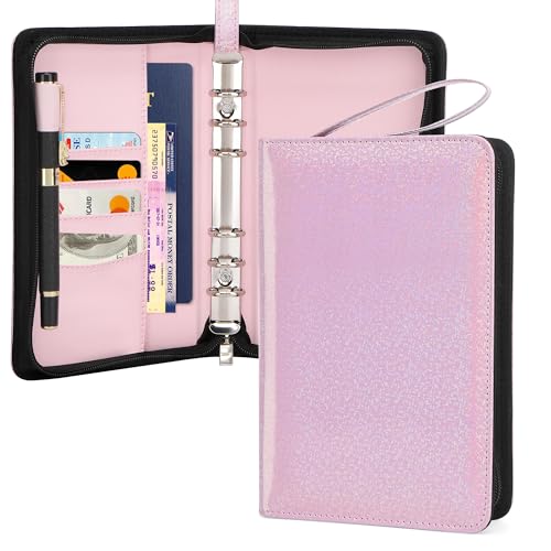 Toplive A6 Binder Notebook 6 Rings PU Leather Refillable Binder Cover for Loose Leaf Paper Planner Budget Binder with Snap Buckle,shimmery pink von Toplive