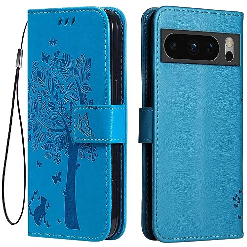 Topme Leder Tasche Hülle für Google Pixel 8 Pro (6.7" Inches), [Katzen- Und Baummuster-Stil Handytasche] - Blau von IYVYI