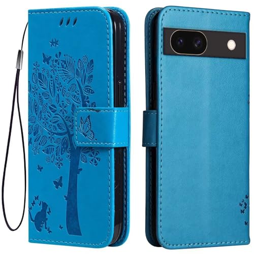 Topme Leder Tasche Hülle für Google Pixel 8a (6.1" Inches), [Katzen- Und Baummuster-Stil Handytasche] - Blau von IYVYI