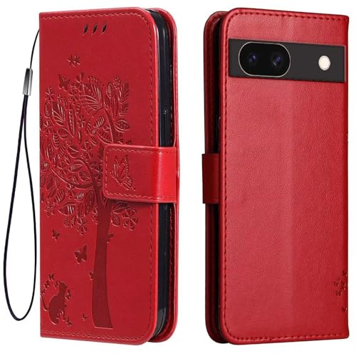 Topme Leder Tasche Hülle für Google Pixel 8a (6.1" Inches), [Katzen- Und Baummuster-Stil Handytasche] - Rot von IYVYI