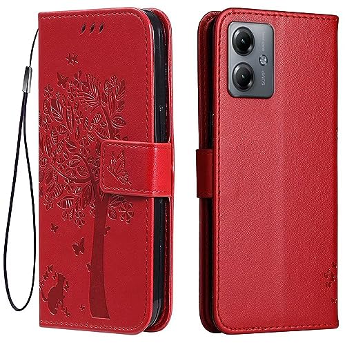 Topme Leder Tasche Hülle für Motorola Moto G14 (6.5" Inches), [Katzen- Und Baummuster-Stil Handytasche] - Rot von Skyvov