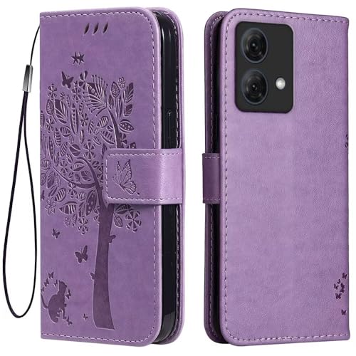 Topme Leder Tasche Hülle für Motorola Moto G84 (6.5" Inches), [Katzen- Und Baummuster-Stil Handytasche] - Helles Lila von Skyvov