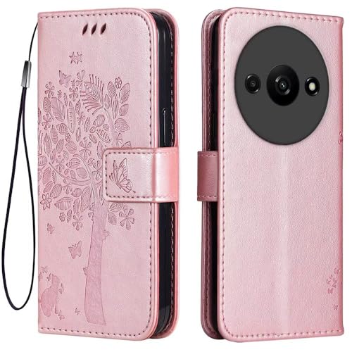Topme Leder Tasche Hülle für Redmi A3 / Redmi A3X / Poco C61 (6.71" Inches), [Katzen- Und Baummuster-Stil Handytasche] - Roségold von Onetobye
