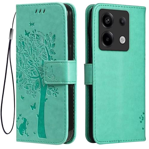 Topme Leder Tasche Hülle für Redmi Note 13 Pro 5G / Poco X6 5G (6.67" Inches), [Katzen- Und Baummuster-Stil Handytasche] - Grün von IYVYI