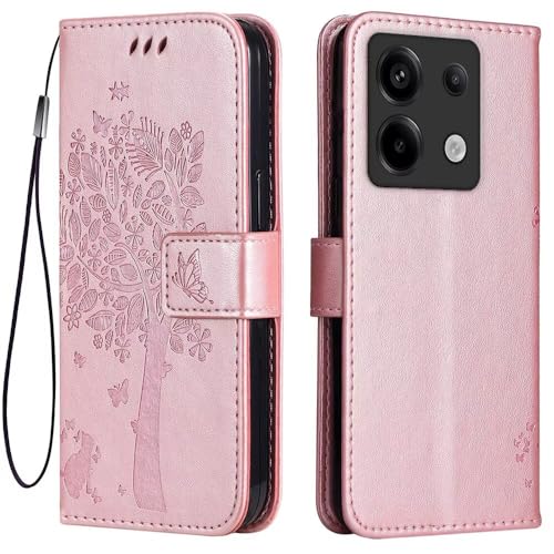 Topme Leder Tasche Hülle für Redmi Note 13 Pro 5G / Poco X6 5G (6.67" Inches), [Katzen- Und Baummuster-Stil Handytasche] - Roségold von IYVYI