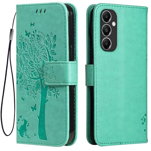 Topme Leder Tasche Hülle für Samsung Galaxy A05s (6.7" Inches), [Katzen- Und Baummuster-Stil Handytasche] - Grün von IYVYI