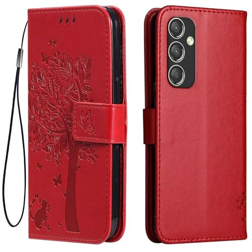 Topme Leder Tasche Hülle für Samsung Galaxy A25 5G (6.5" Inches), [Katzen- Und Baummuster-Stil Handytasche] - Rot von IYVYI
