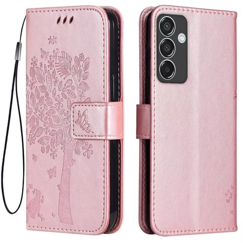 Topme Leder Tasche Hülle für Samsung Galaxy M15 5G (6.5" Inches), [Katzen- Und Baummuster-Stil Handytasche] - Roségold von Buosha