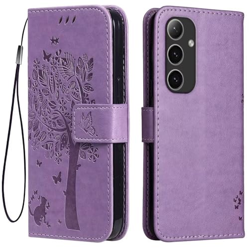 Topme Leder Tasche Hülle für Samsung Galaxy S24 (6.2" Inches), [Katzen- Und Baummuster-Stil Handytasche] - Helles Lila von IYVYI