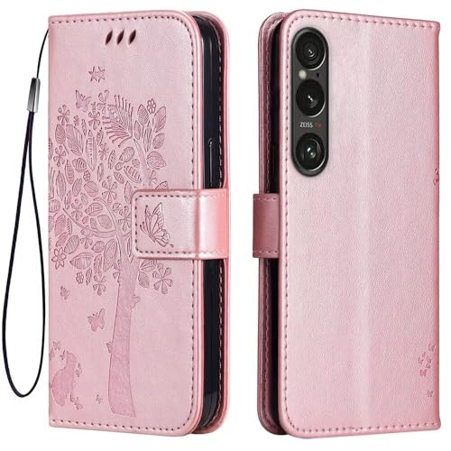 Topme Leder Tasche Hülle für Smartphone, Compatible with Sony Xperia 1 VI (Sixth Generation) (6.5" Inches), [Katzen- Und Baummuster-Stil Handytasche] - Roségold von Topme