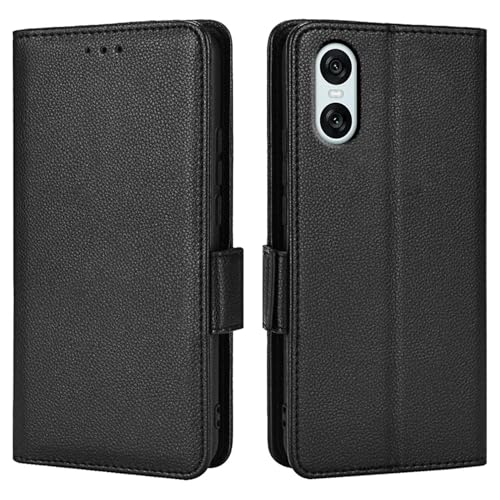 Topme Leder Tasche Hülle für Smartphone, Compatible with Sony Xperia 10 VI (Sixth Generation) (6.1" Inches), [einfache Telefonhülle mit Litschi-Muster] - Schwarz von Topme